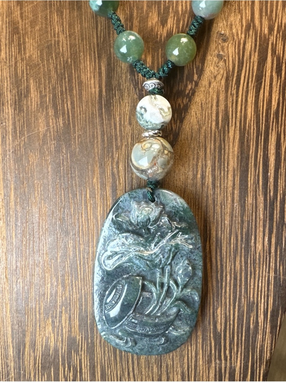Moss Agate Potted Flower Carving Pendant  Necklace on Colorful Beaded Rope - Picture 5 of 13